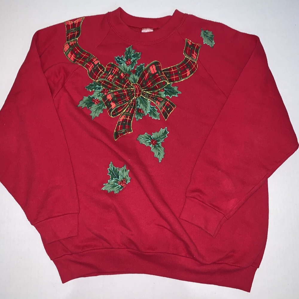 Vintage Fruit Of The Loom Red Christmas Mistletoe Bow Sweatshirt Mens L